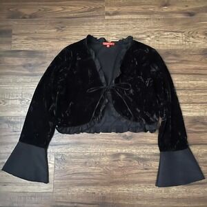 Black Crushed Velvet Cropped Bolero Jacket‎ Ruffle Bell Sleeves Whimsygoth Boho